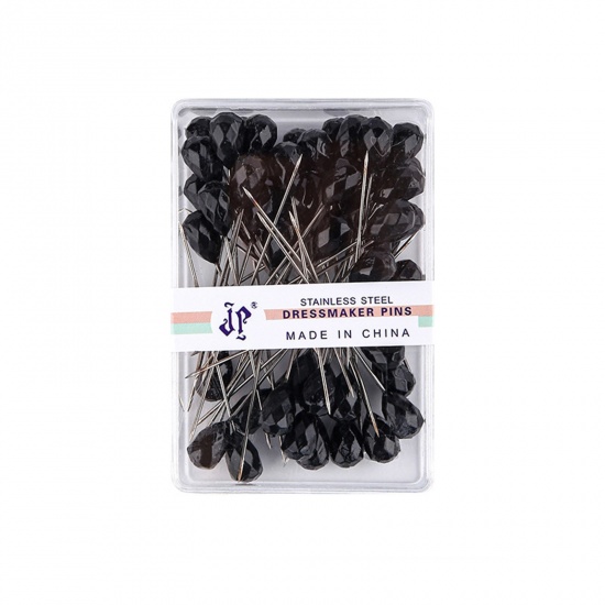 Picture of 1 Box ( 50 PCs/Box) Plastic & Iron Based Alloy Sewing Positioning Pin Rhombus Black Faceted 5.2cm(2") long