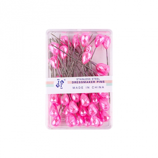 Picture of 1 Box ( 50 PCs/Box) Plastic & Iron Based Alloy Sewing Positioning Pin Rhombus Pink Faceted 5.2cm(2") long