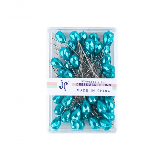 Picture of 1 Box ( 50 PCs/Box) Plastic & Iron Based Alloy Sewing Positioning Pin Rhombus Green Blue Faceted 5.2cm(2") long