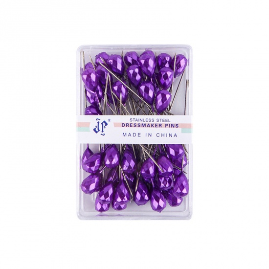 Picture of 1 Box ( 50 PCs/Box) Plastic & Iron Based Alloy Sewing Positioning Pin Rhombus Purple Faceted 5.2cm(2") long