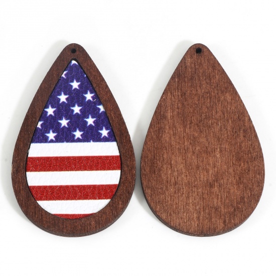 PU + ウッド アメリカ独立記念日 ペンダント ブラウン 滴 ドロップ 米国国旗 6cm x 3.7cm、 5 個 の画像