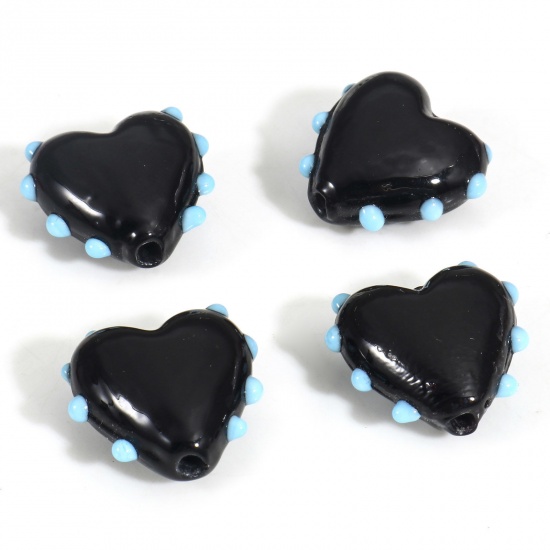 Picture of Lampwork Glass Valentine's Day Beads For DIY Charm Jewelry Making Heart Black Dot Enamel About 16mm x 16mm, Hole: Approx 1.5mm, 2 PCs