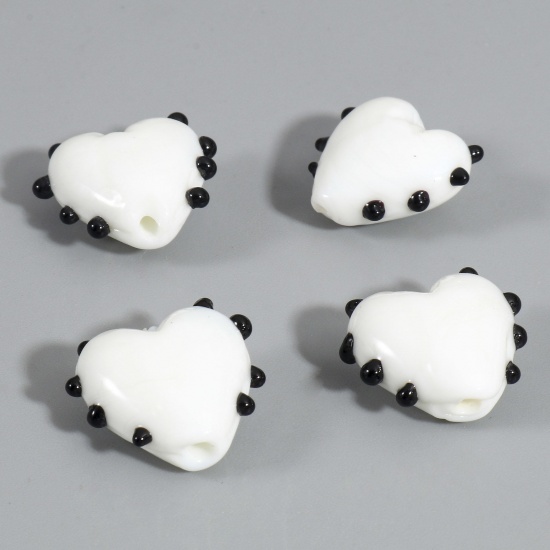 Picture of Lampwork Glass Valentine's Day Beads For DIY Charm Jewelry Making Heart White Dot Enamel About 16mm x 16mm, Hole: Approx 1.5mm, 2 PCs