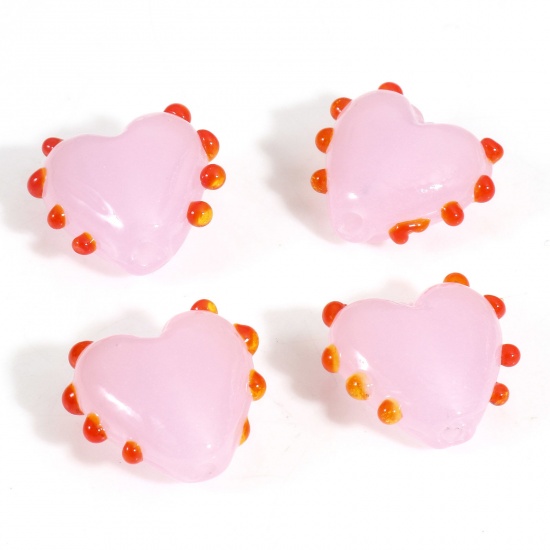Picture of Lampwork Glass Valentine's Day Beads For DIY Charm Jewelry Making Heart Pink Dot Enamel About 16mm x 16mm, Hole: Approx 1.5mm, 2 PCs
