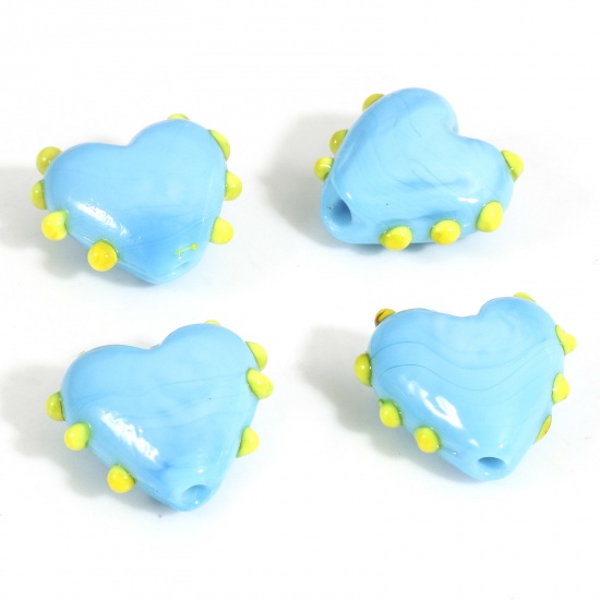 Picture of Lampwork Glass Valentine's Day Beads For DIY Charm Jewelry Making Heart Blue Dot Enamel About 16mm x 16mm, Hole: Approx 1.5mm, 2 PCs