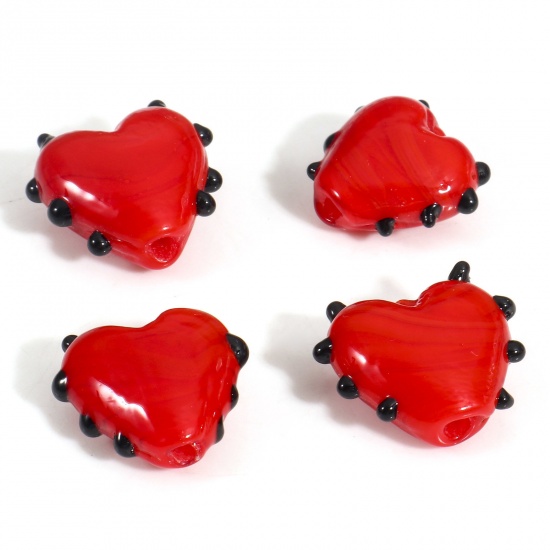 Picture of Lampwork Glass Valentine's Day Beads For DIY Charm Jewelry Making Heart Red Dot Enamel About 16mm x 16mm, Hole: Approx 1.5mm, 2 PCs