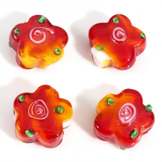 Picture of Lampwork Glass Beads For DIY Charm Jewelry Making Red Flower Leaves Enamel About 15mm x 14mm, Hole: Approx 1.2mm, 5 PCs