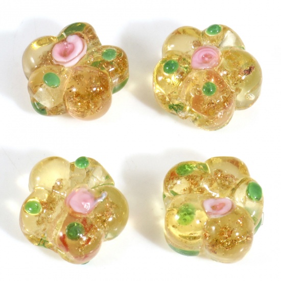 Picture of Lampwork Glass Beads For DIY Charm Jewelry Making Yellow Flower Leaves Enamel About 15mm x 14mm, Hole: Approx 1.2mm, 5 PCs