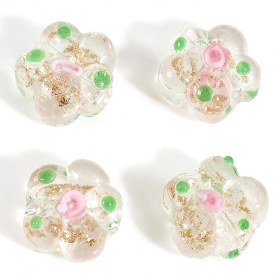 Picture of Lampwork Glass Beads For DIY Charm Jewelry Making Transparent Clear Flower Leaves Enamel About 15mm x 14mm, Hole: Approx 1.2mm, 5 PCs