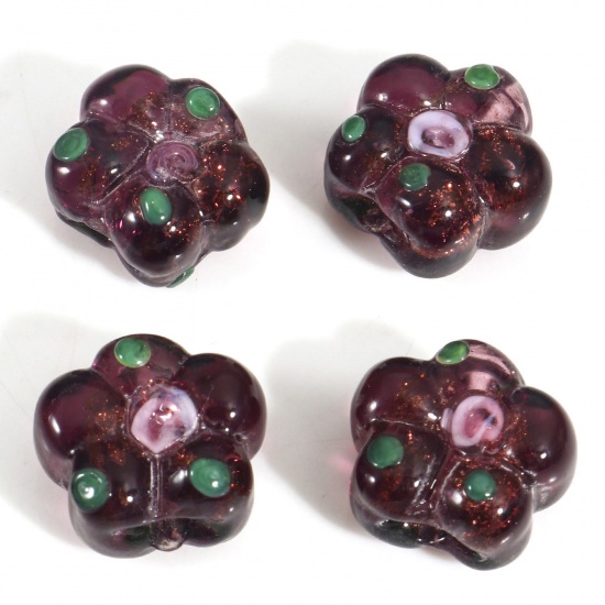 Picture of Lampwork Glass Beads For DIY Charm Jewelry Making Coffee Flower Leaves Enamel About 15mm x 14mm, Hole: Approx 1.2mm, 5 PCs
