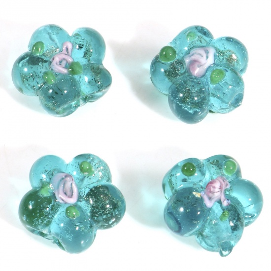 Picture of Lampwork Glass Beads For DIY Charm Jewelry Making Green Flower Leaves Enamel About 15mm x 14mm, Hole: Approx 1.2mm, 5 PCs