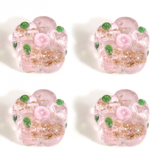 Picture of Lampwork Glass Beads For DIY Charm Jewelry Making Pink Flower Leaves Enamel About 15mm x 14mm, Hole: Approx 1.2mm, 5 PCs