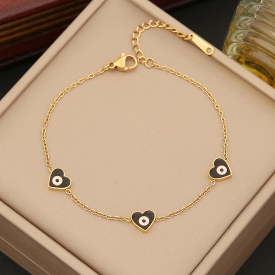 Imagen de Respetuoso del Medio Ambiente 304 Acero Inoxidable Religión Cable Cadena Cruz Pulseras Chapado en Oro Negro Mal de ojo Corazón Esmalte 18cm longitud, 1 Unidad