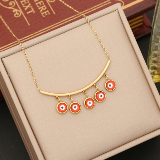 Picture of Eco-friendly 304 Stainless Steel Religious Link Cable Chain Necklace Gold Plated Red Evil Eye Tassel Enamel 40cm(15 6/8") long, 1 Piece