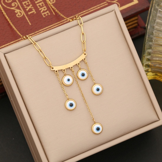 Picture of Eco-friendly 304 Stainless Steel Religious Paperclip Chain Necklace Gold Plated White Evil Eye Tassel Enamel 40cm(15 6/8") long, 1 Piece