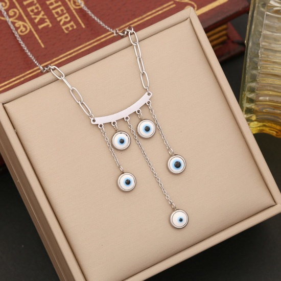 Picture of Eco-friendly 304 Stainless Steel Religious Paperclip Chain Necklace Silver Tone White Evil Eye Tassel Enamel 40cm(15 6/8") long, 1 Piece
