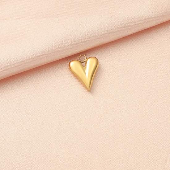 Picture of 3 PCs Eco-friendly Vacuum Plating 304 Stainless Steel Charms 18K Gold Plated Heart 14mm x 12mm