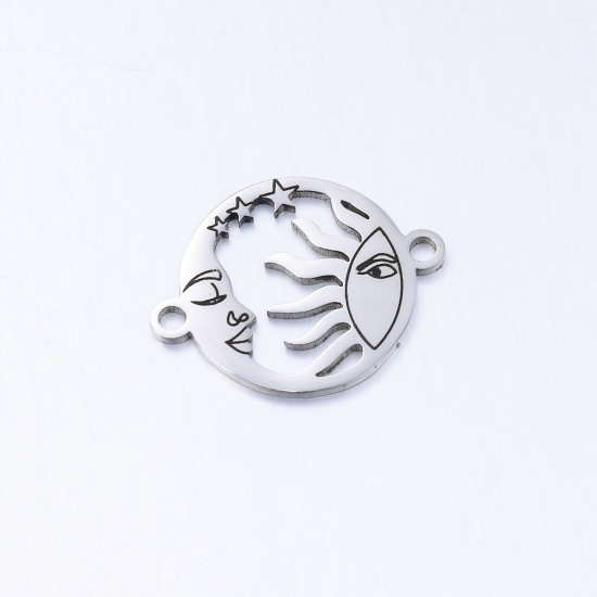 Picture of Eco-friendly 304 Stainless Steel Galaxy Connectors Charms Pendants Silver Tone Round Sun And Moon Face 20mm x 15mm, 3 PCs