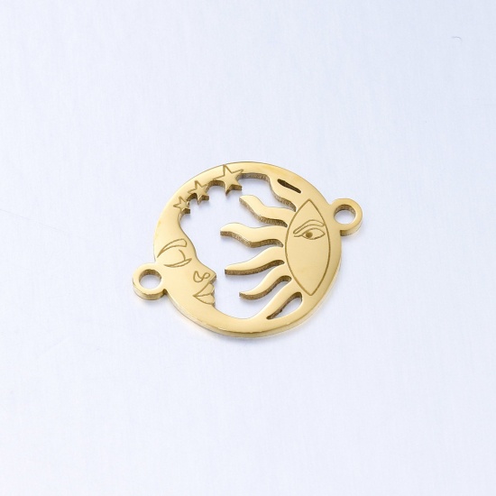 Picture of Eco-friendly 304 Stainless Steel Galaxy Connectors Charms Pendants Gold Plated Round Sun And Moon Face 20mm x 15mm, 3 PCs