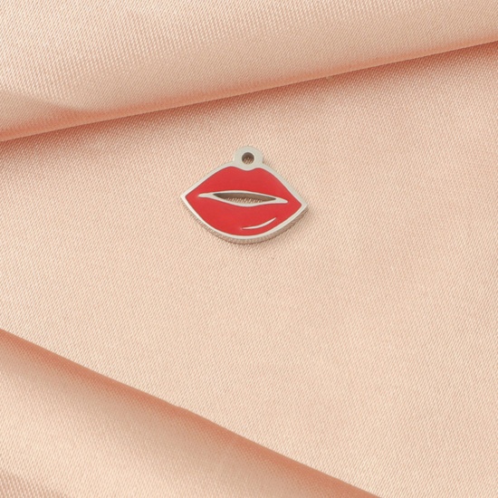 Picture of Eco-friendly 304 Stainless Steel Valentine's Day Charms Silver Tone Red Lip 13mm x 10mm, 1 Piece