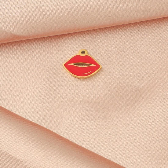 Picture of Eco-friendly Vacuum Plating 304 Stainless Steel Valentine's Day Charms Gold Plated Red Lip 13mm x 10mm, 1 Piece