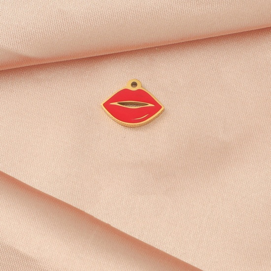 Immagine di Placcatura Sottovuoto Ecologica 304 Acciaio Inossidabile San Valentino Charms Labbra Oro Placcato Rosso 13mm x 10mm, 1 Pz