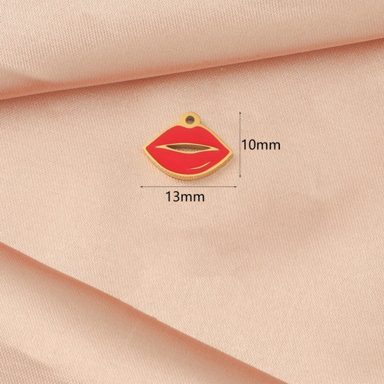 Immagine di Placcatura Sottovuoto Ecologica 304 Acciaio Inossidabile San Valentino Charms Labbra Oro Placcato Rosso 13mm x 10mm, 1 Pz