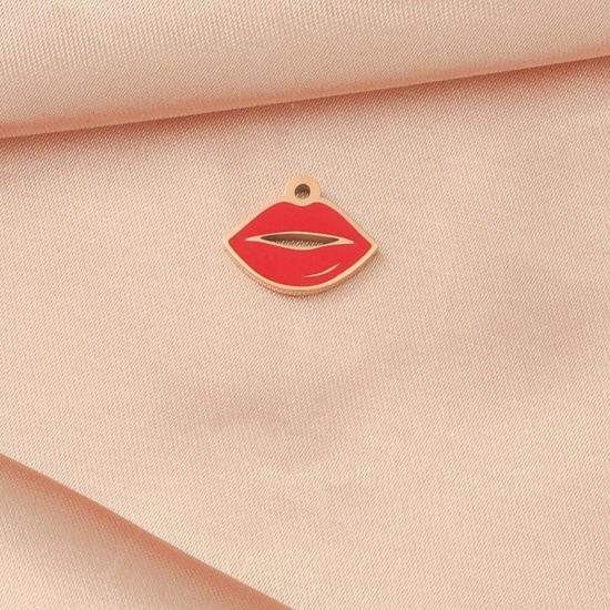 Picture of Eco-friendly Vacuum Plating 304 Stainless Steel Valentine's Day Charms Rose Gold Red Lip 13mm x 10mm, 1 Piece