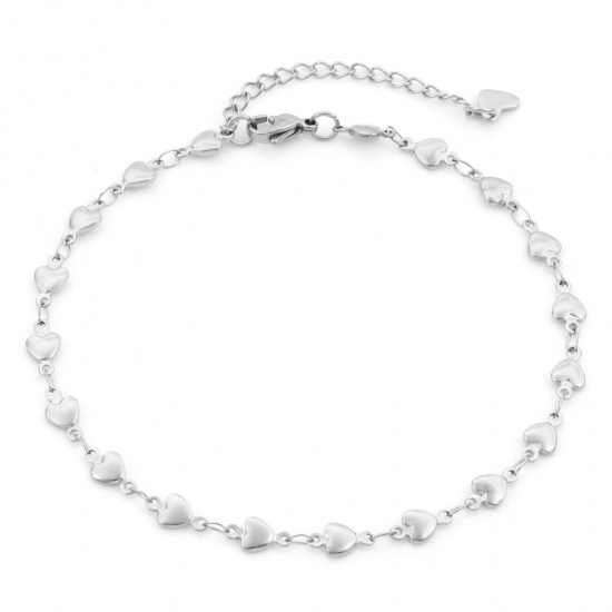 Imagen de Respetuoso del Medio Ambiente 304 Acero Inoxidable día de San Valentín Cadenas Tobilleras Tono de Plata Corazón 24cm - 22cm longitud, 1 Unidad