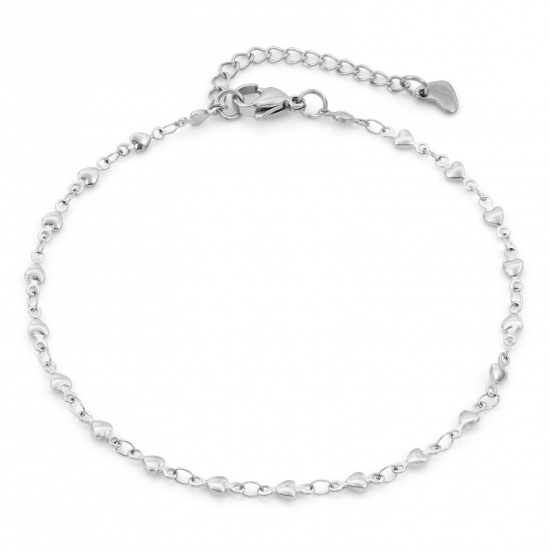 Imagen de Respetuoso del Medio Ambiente 304 Acero Inoxidable día de San Valentín Cadenas Tobilleras Tono de Plata Corazón 24cm - 22cm longitud, 1 Unidad