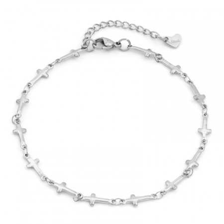 Picture of Wholesale Cross 304 Stainless Steel Link Chain Anklet, Silver Tone Eco-friendly, Unisex Religious Minimalist Gift Jewelry Supply, 24cm - 22cm long, Chain Size: 5mm, 1 Piece