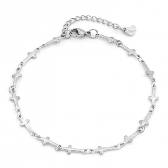 Immagine di Ecologico 304 Acciaio Inossidabile Religione Catena Cavigliere Tono Argento Croce 24cm - 22cm lunghezza, 1 Pz