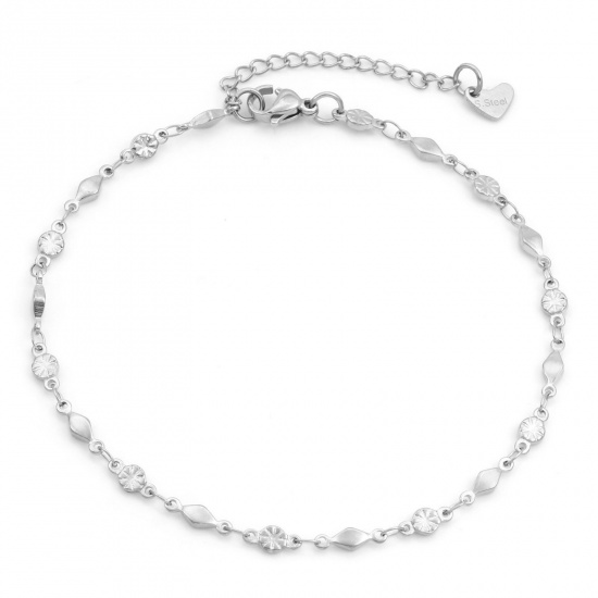 Picture of Wholesale Rhombus 304 Stainless Steel Link Chain Anklet, Silver Tone Eco-friendly, Unisex Geometric Minimalist Gift Jewelry Supply, 24cm - 22cm long, Chain Size: 3.5mm, 1 Piece