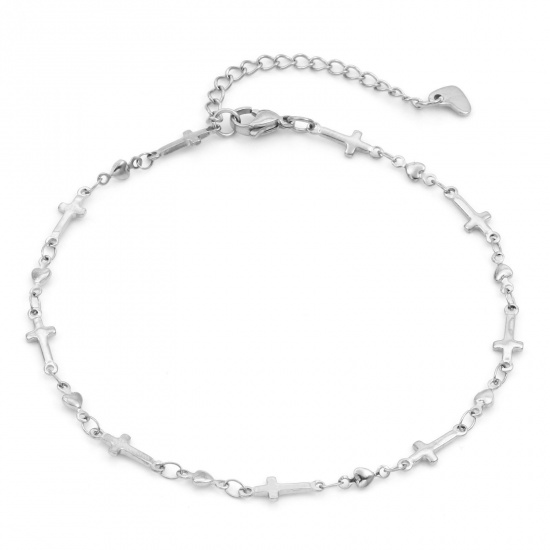 Immagine di Ecologico 304 Acciaio Inossidabile Religione Catena Cavigliere Tono Argento Cuore Croce 24cm - 22cm lunghezza, 1 Pz