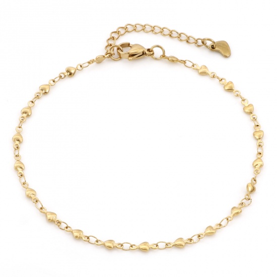 Imagen de 1 Unidad Recubrimiento al Vacío PVD Ecológico 304 Acero Inoxidable día de San Valentín Cadenas Tobilleras Chapado en Oro de 18K Corazón 24cm - 22cm longitud