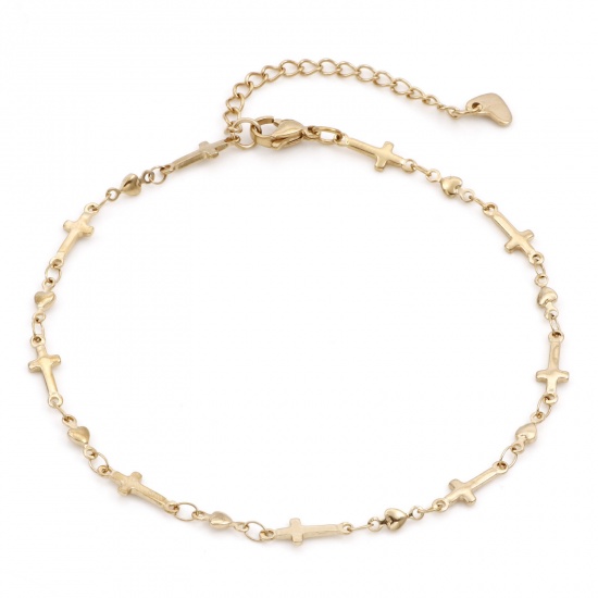 Imagen de 1 Unidad Recubrimiento al Vacío PVD Ecológico 304 Acero Inoxidable Religión Cadenas Tobilleras Chapado en Oro de 18K Corazón 24cm - 22cm longitud