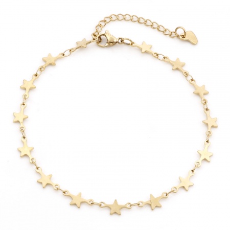 Picture of Wholesale Pentagram Star 304 Stainless Steel Link Chain Anklet, 18K Gold Plated Eco-friendly PVD, Women's Galaxy Gift Jewelry Supply, 24cm - 22cm long, Chain Size: 6mm, 1 Piece