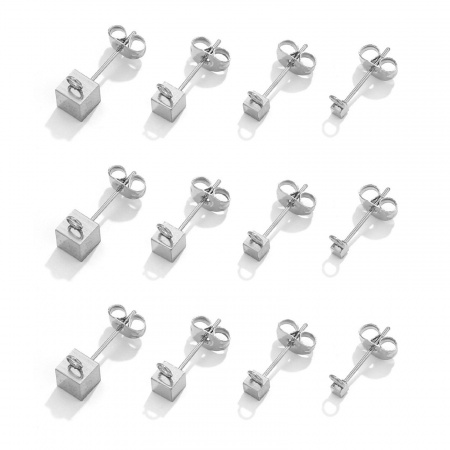 Picture of Eco-friendly 304 Stainless Steel Mother's Day Earring Accessories Cube Silver Tone With Loop 4mm Dia., Post/ Wire Size: (20 gauge), 10 PCs