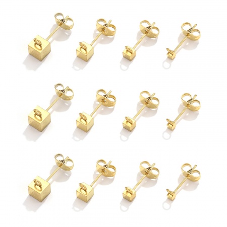 Picture of Eco-friendly Vacuum Plating 304 Stainless Steel Mother's Day Earring Accessories Cube 18K Gold Plated With Loop 4mm Dia., Post/ Wire Size: (20 gauge), 10 PCs