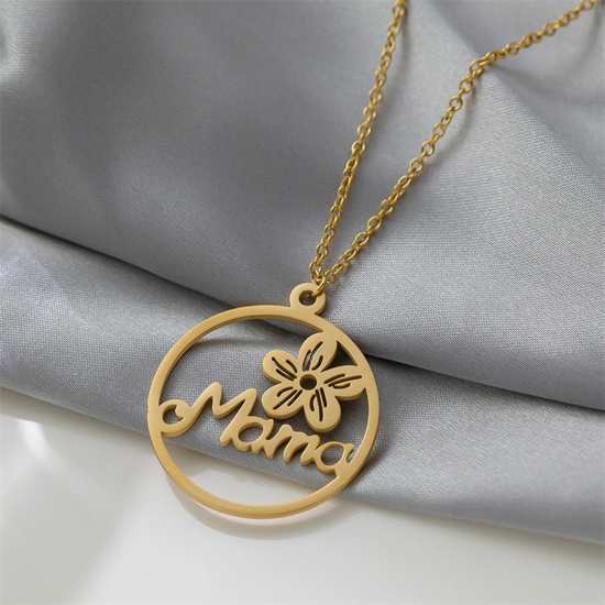 Picture of Eco-friendly 304 Stainless Steel Mother's Day Link Cable Chain Necklace Gold Plated Round Flower Message " Mama " 42cm(16 4/8") long, 1 Piece