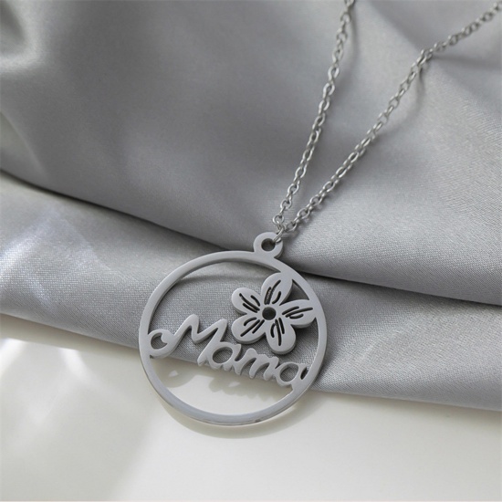 Picture of Eco-friendly 304 Stainless Steel Mother's Day Link Cable Chain Necklace Silver Tone Round Flower Message " Mama " 42cm(16 4/8") long, 1 Piece