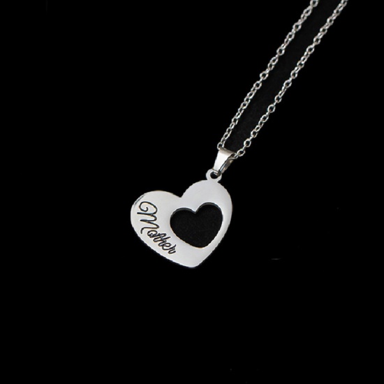 Picture of Eco-friendly 304 Stainless Steel Mother's Day Link Cable Chain Necklace Silver Tone Heart Message " Mother & Daughter " Hollow 42cm(16 4/8") long, 1 Piece