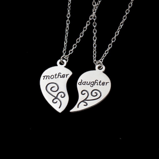 Picture of Eco-friendly 304 Stainless Steel Mother's Day Link Cable Chain Necklace Silver Tone Broken Heart Message " Mother & Daughter " 42cm(16 4/8") long, 1 Set ( 2 PCs/Set)