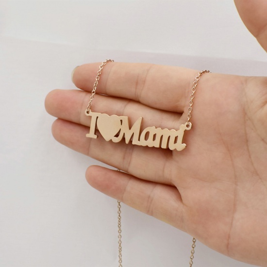 Picture of Eco-friendly 304 Stainless Steel Mother's Day Link Cable Chain Necklace Rose Gold Heart Message " Mama " 42cm(16 4/8") long, 1 Piece