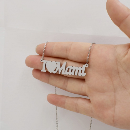 Picture of Eco-friendly 304 Stainless Steel Mother's Day Link Cable Chain Necklace Silver Tone Heart Message " Mama " 42cm(16 4/8") long, 1 Piece