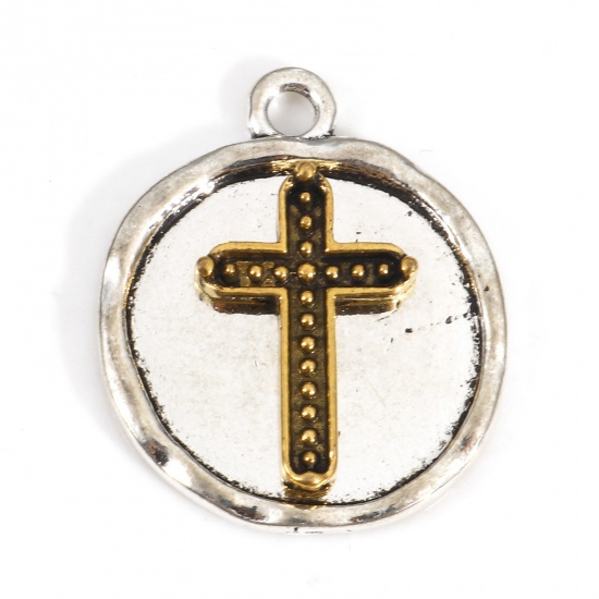 Picture of Zinc Based Alloy Religious Charms Antique Silver Color Gold Tone Antique Gold Two Tone Round Cross 23mm x 19mm, 10 PCs