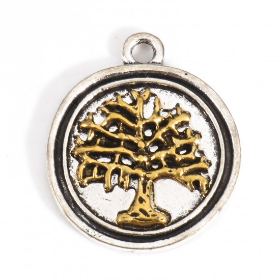 Picture of Zinc Based Alloy Charms Antique Silver Color Gold Tone Antique Gold Two Tone Round Tree 23mm x 19mm, 10 PCs