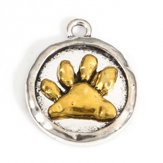 Picture of Zinc Based Alloy Pet Memorial Charms Antique Silver Color Gold Tone Antique Gold Two Tone Round Paw Print 23mm x 20mm, 10 PCs