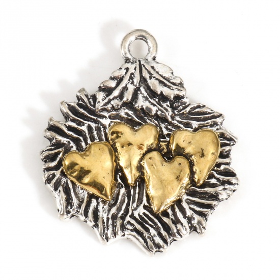 Picture of Zinc Based Alloy Valentine's Day Charms Antique Silver Color Gold Tone Antique Gold Two Tone Leaf Heart 26mm x 22mm, 10 PCs