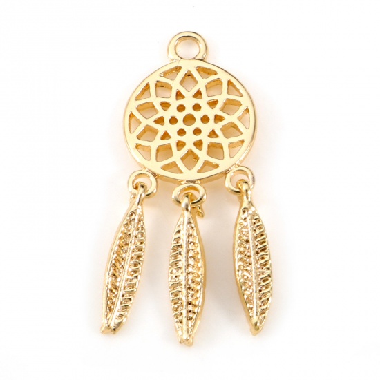 Imagen de Latón Colgantes Charms Capta Sueño 18K Oro Real Chapado Pluma Hueco 24mm x 9mm, 2 Unidades